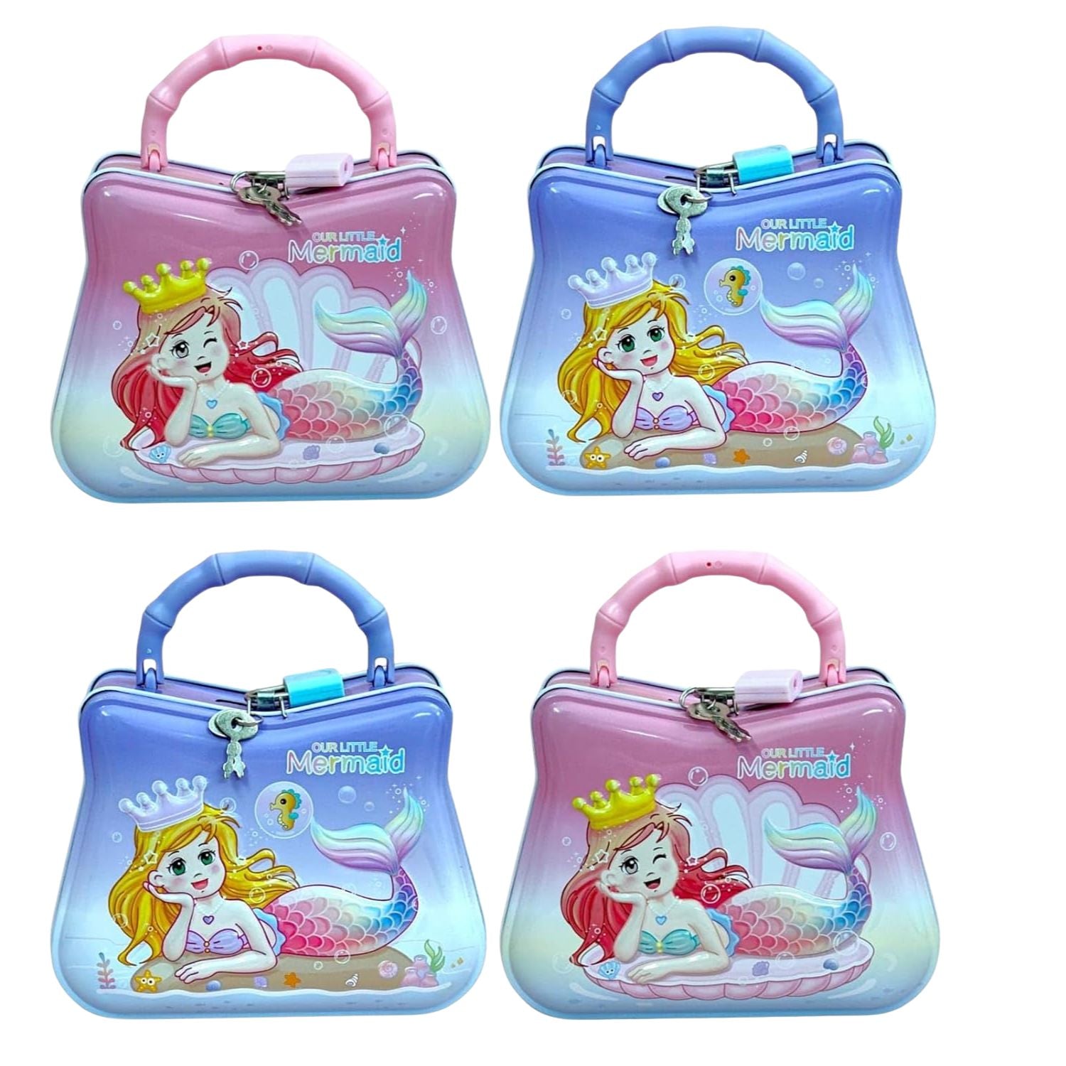 Set of four Our Little Mermaid piggy banks in pink and purple colors displayed together