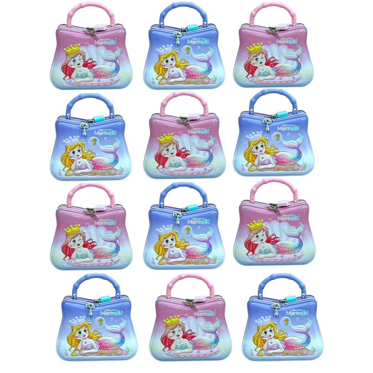 Collection of multiple Our Little Mermaid piggy banks arranged in a grid for variety display