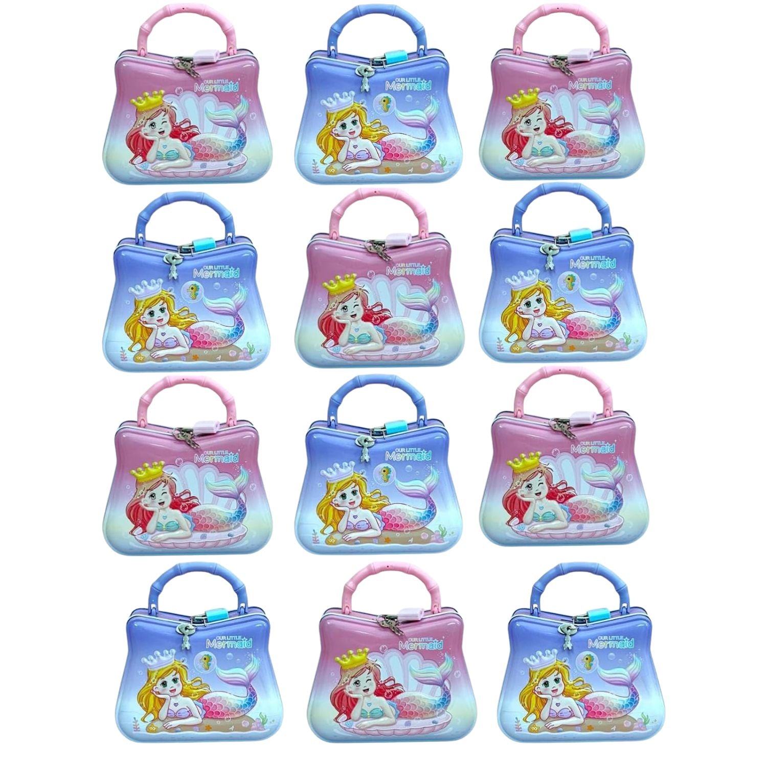 Collection of multiple Our Little Mermaid piggy banks arranged in a grid for variety display