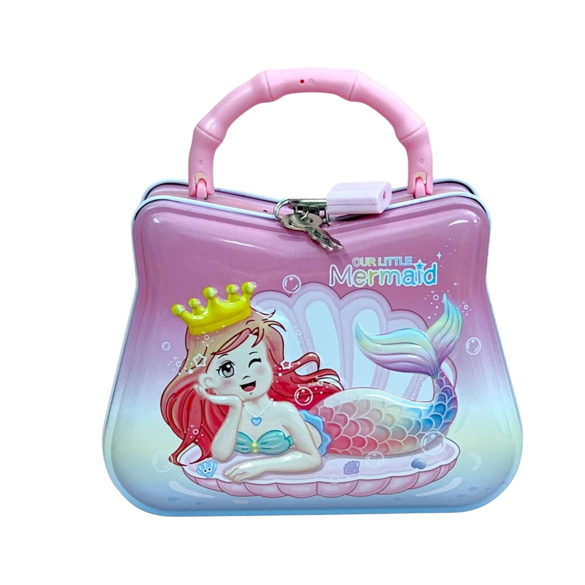Front view of pink Our Little Mermaid piggy bank featuring red-haired mermaid with yellow crown