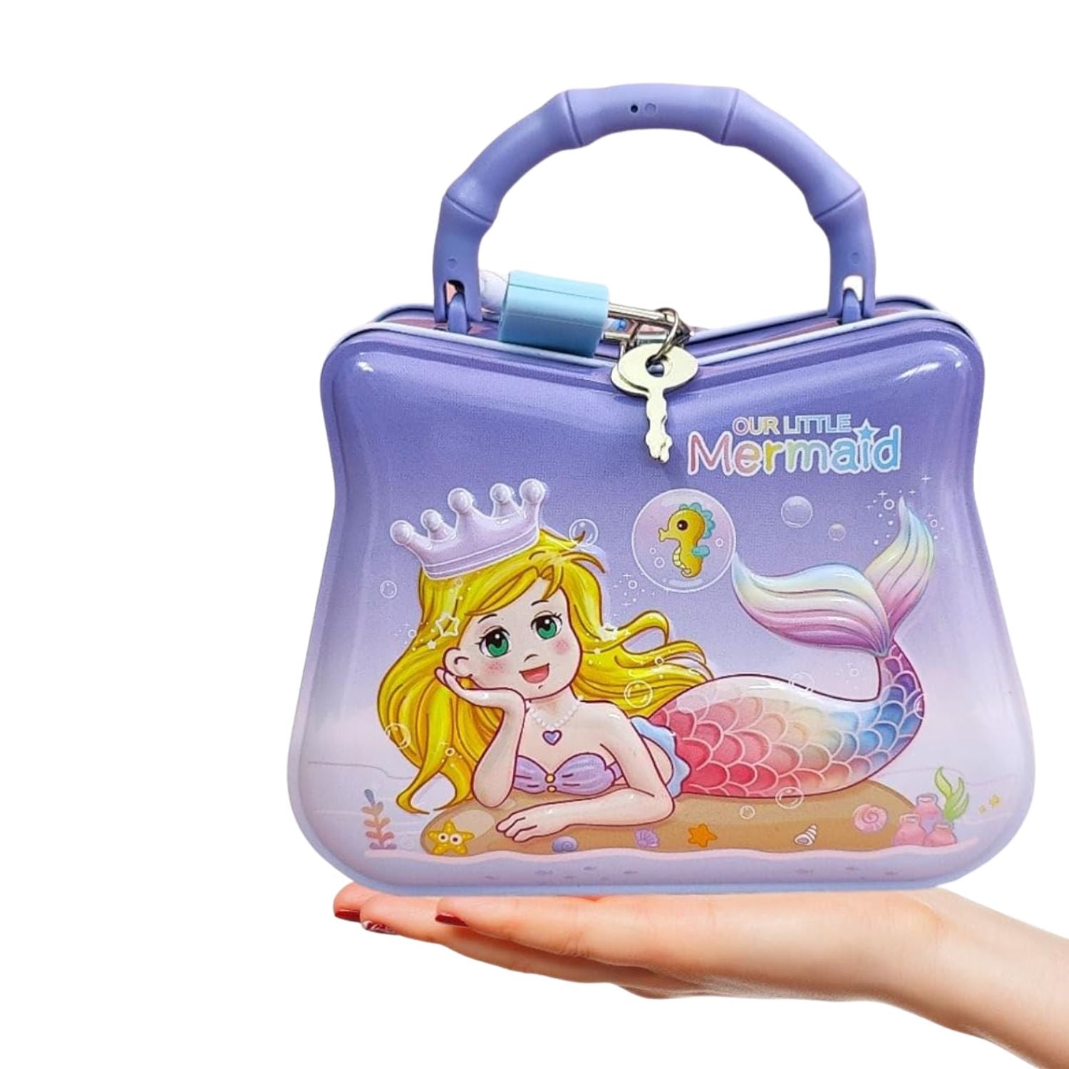 Front view of pink Our Little Mermaid piggy bank featuring red-haired mermaid with yellow crown