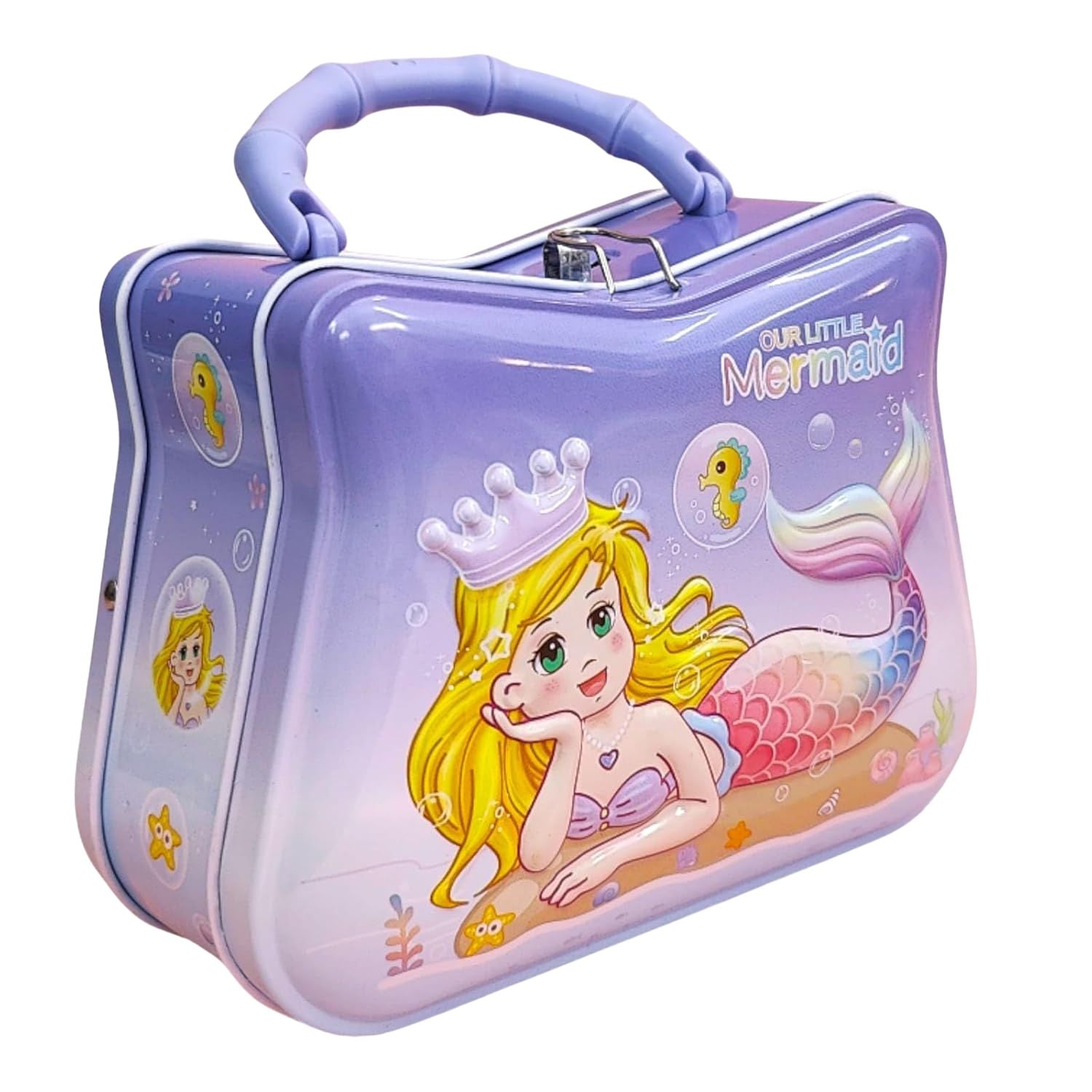 Side angle of purple mermaid piggy bank with cute underwater theme and cartoon design