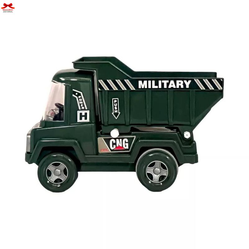 Toy dump truck with 'Military' and 'CNG' branding on a white background