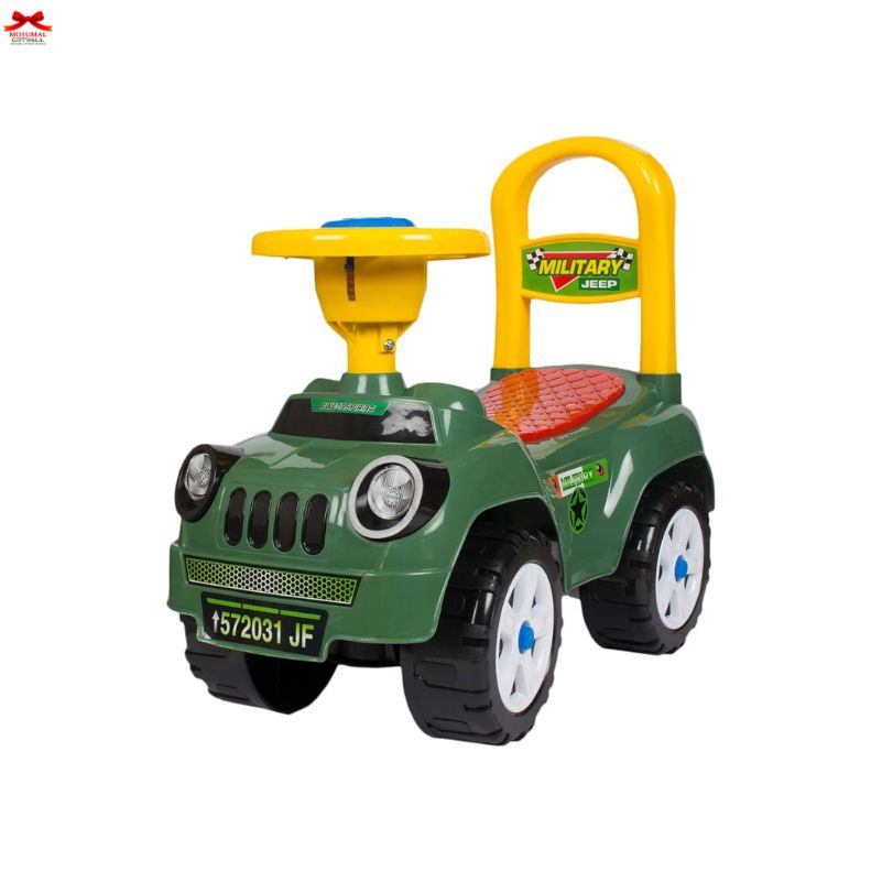 Toy car with green body, yellow handle, and red seat on a white background