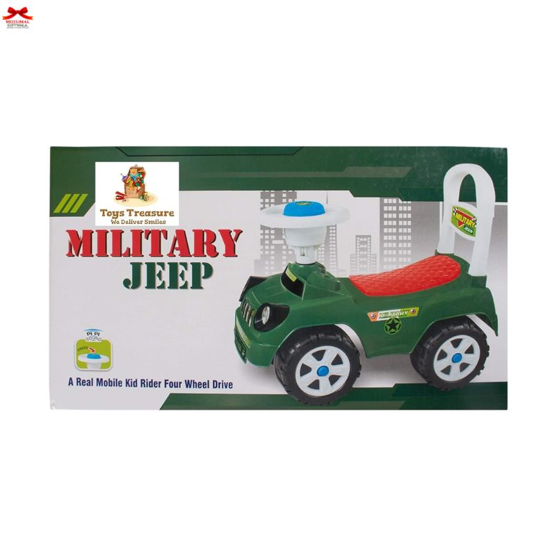 Toy military jeep packaging with green and red design on a white background