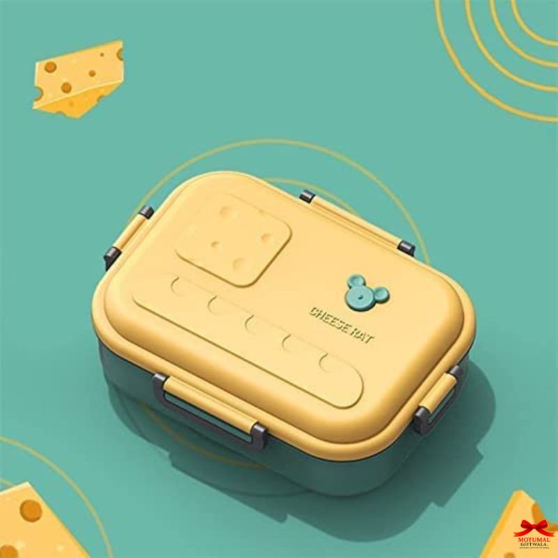 Yellow lunch box with a cartoon character on a teal background