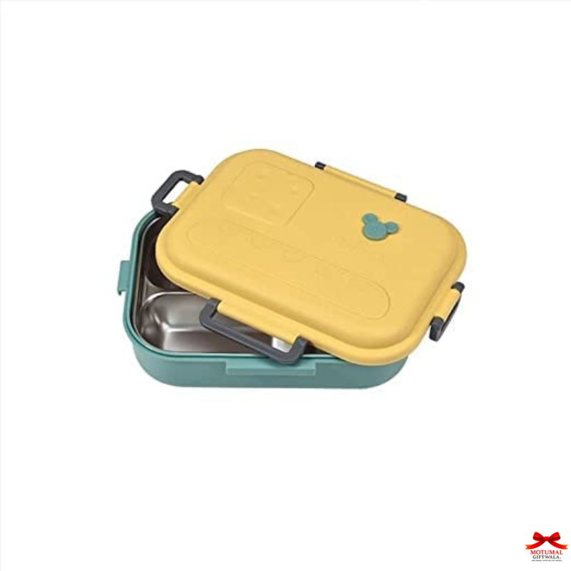 Yellow and green lunch box with a small green heart on a white background
