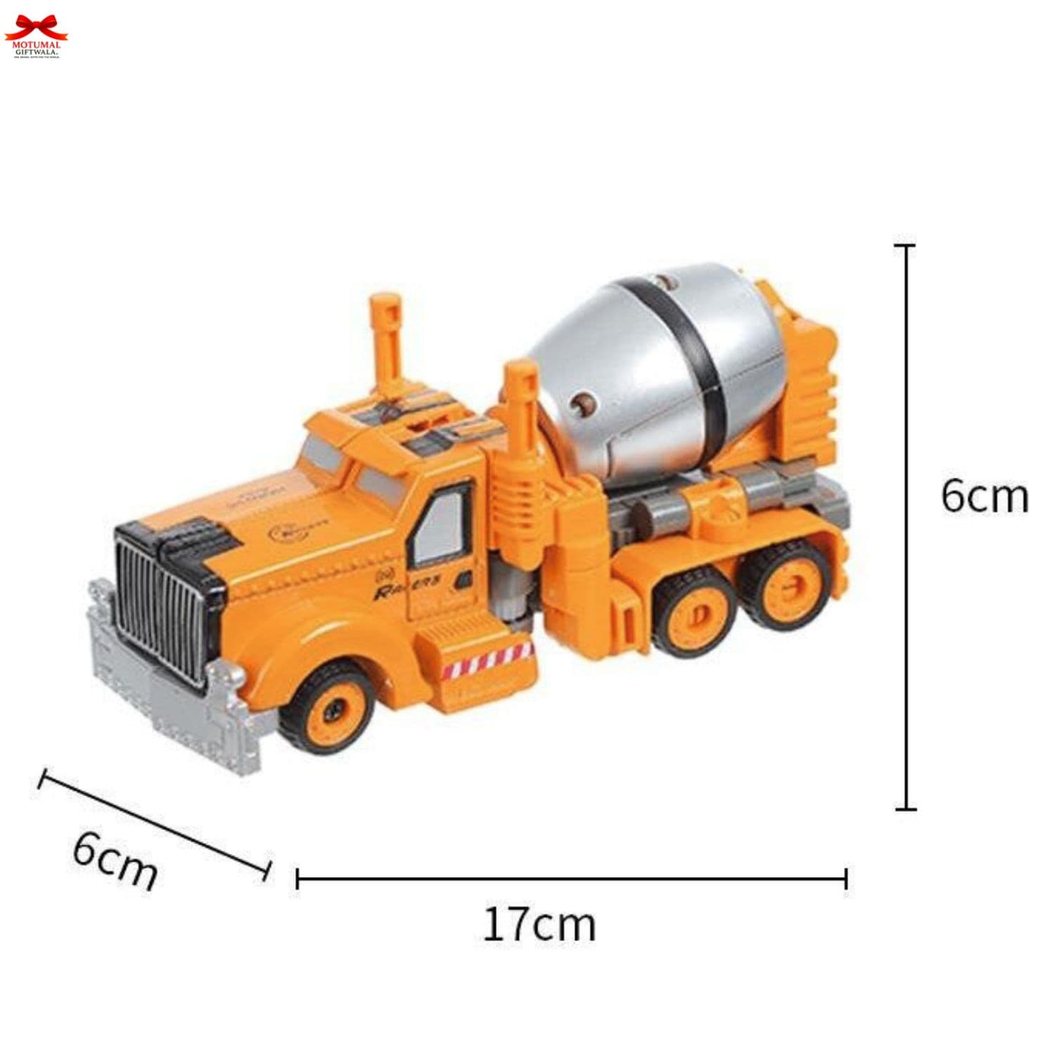 Toy construction vehicle with dimensions labeled on a white background