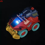 Toy vehicle with red, blue, and yellow colors on a dark background