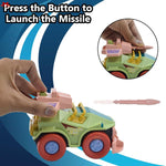 Toy vehicle with missile launch feature, hand pressing button, and missile on blue and white background.