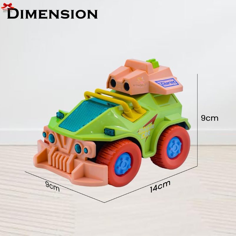 Toy vehicle with dimensions labeled on a white background
