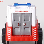 Toy ambulance with red and white design on a gray background
