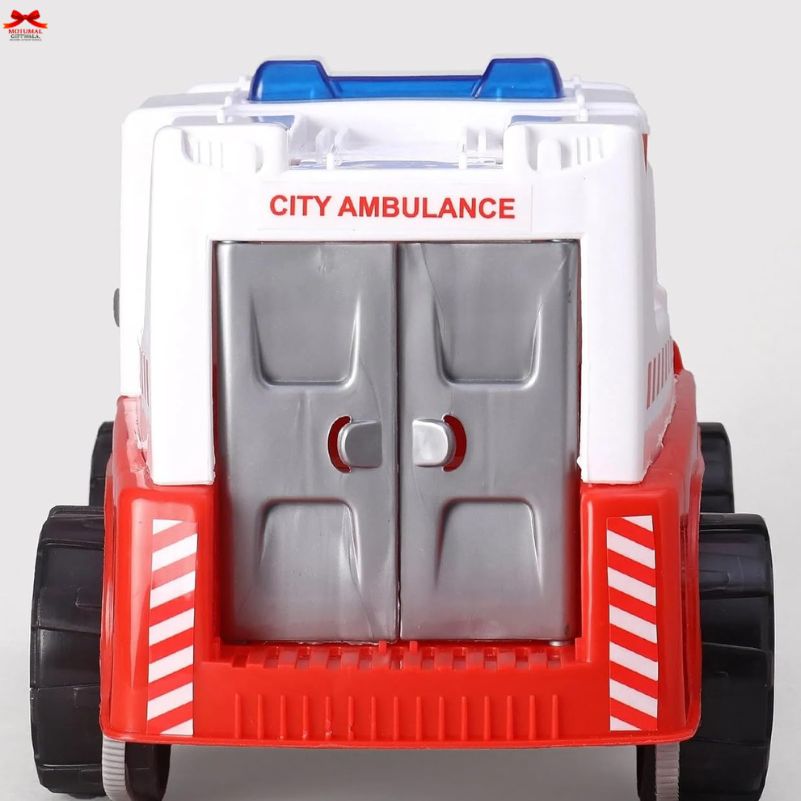 Toy ambulance with red and white design on a gray background