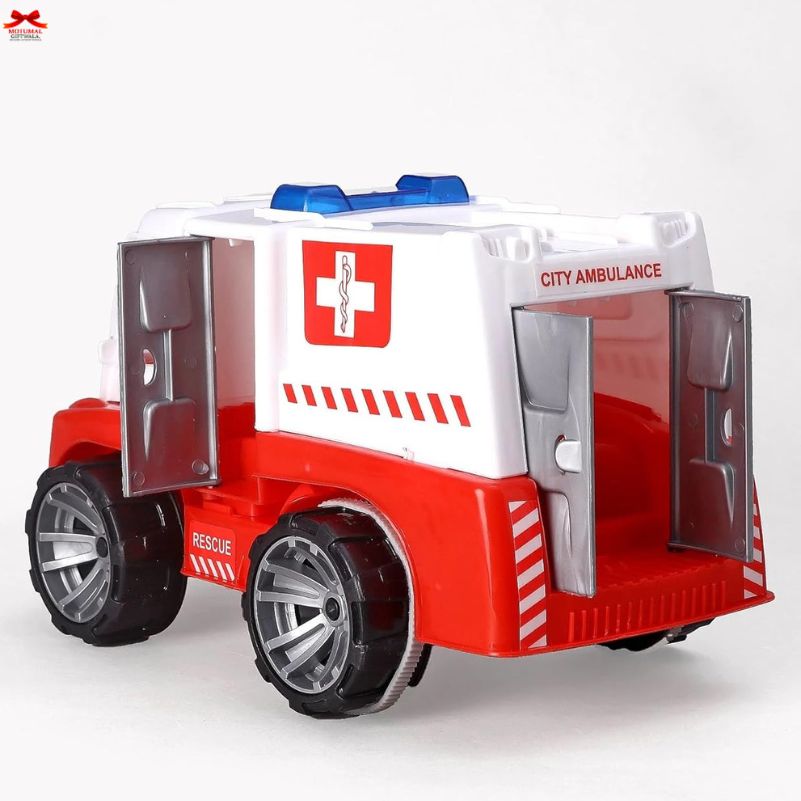 Toy ambulance with open doors on a white background