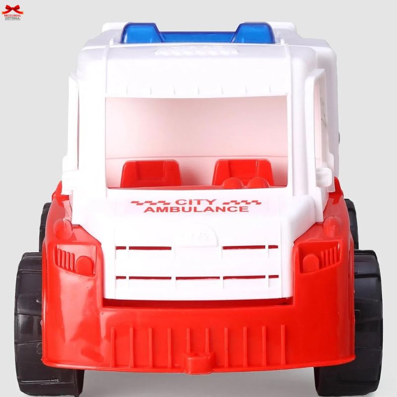 Toy ambulance with red and white colors on a gray background