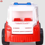 Toy ambulance with red and white colors on a gray background