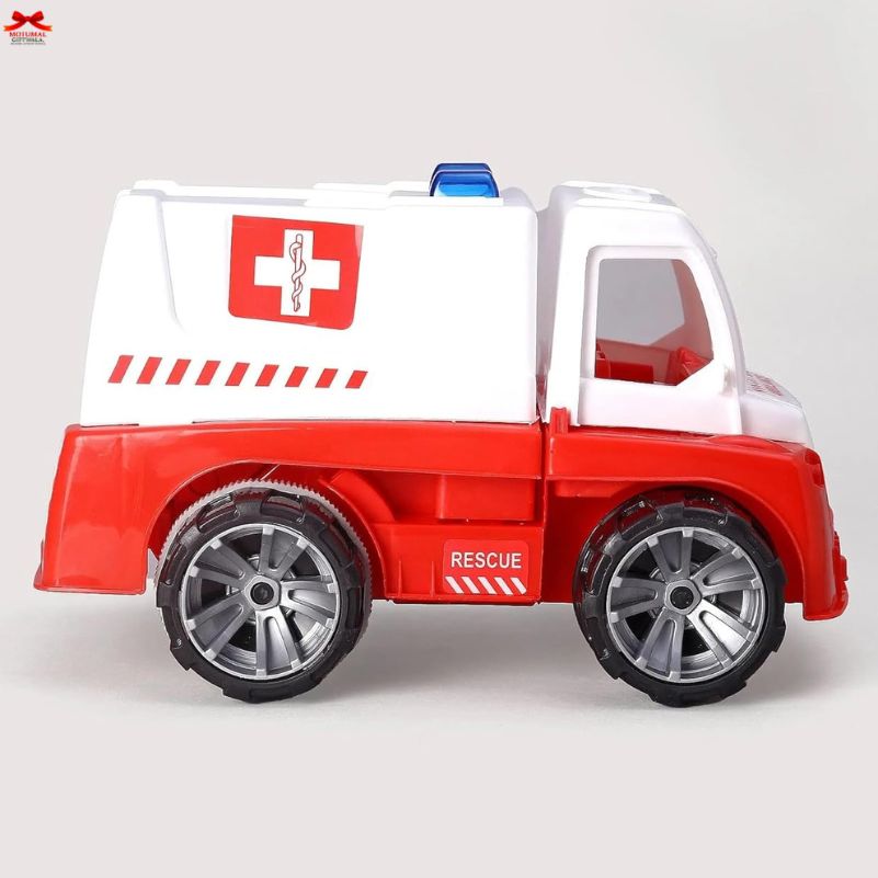 Toy rescue vehicle with a white and red design on a gray background