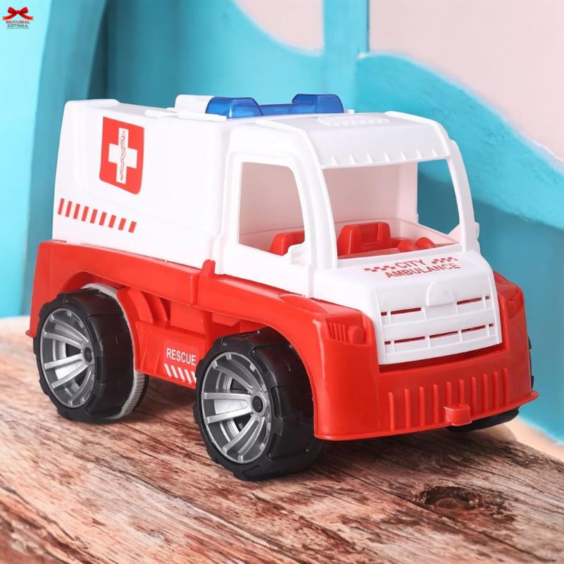 Toy ambulance on a wooden surface with a blue background