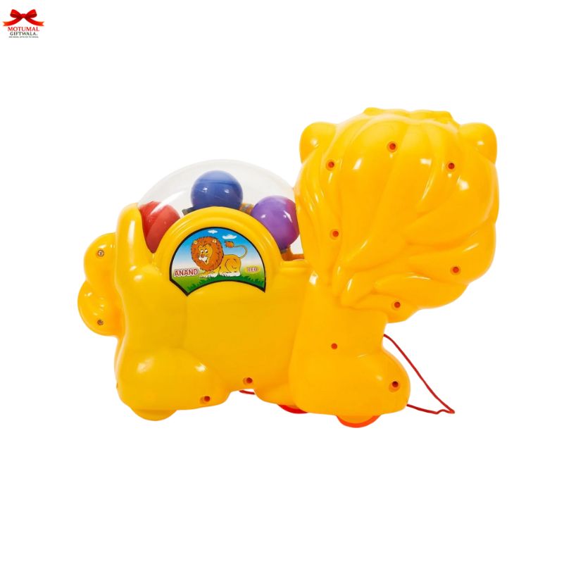 Yellow toy with a transparent section revealing colorful balls on a white background