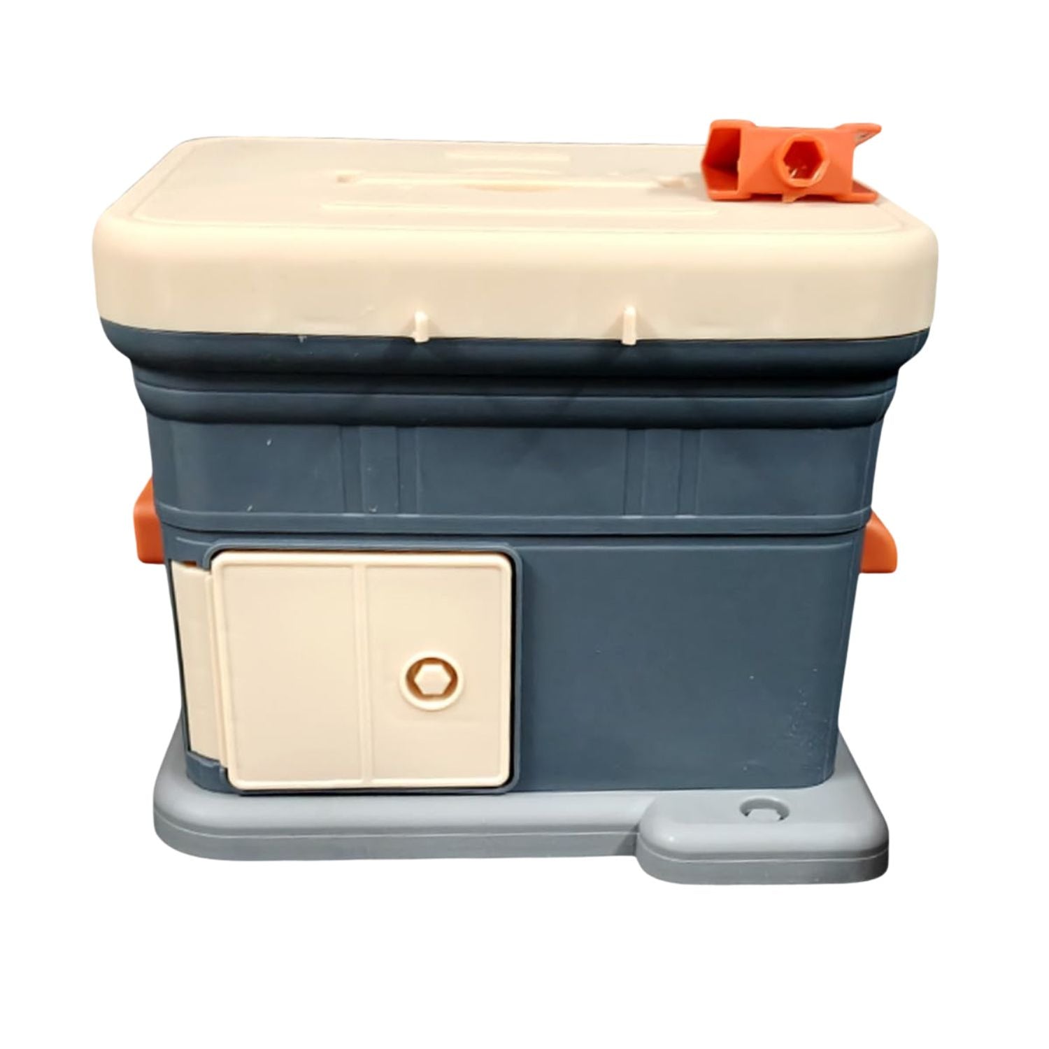Portable toilet with beige top and gray base on a white background
