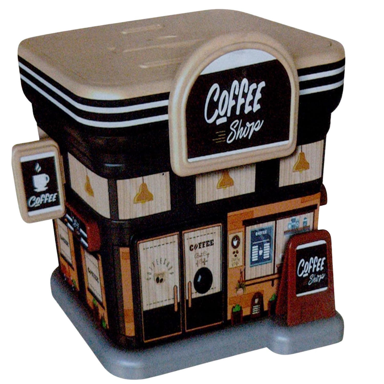 Decorative cookie jar designed like a coffee shop with 'Coffee Shop' sign.