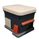 Multicolored storage box with beige lid and orange handle on a white background