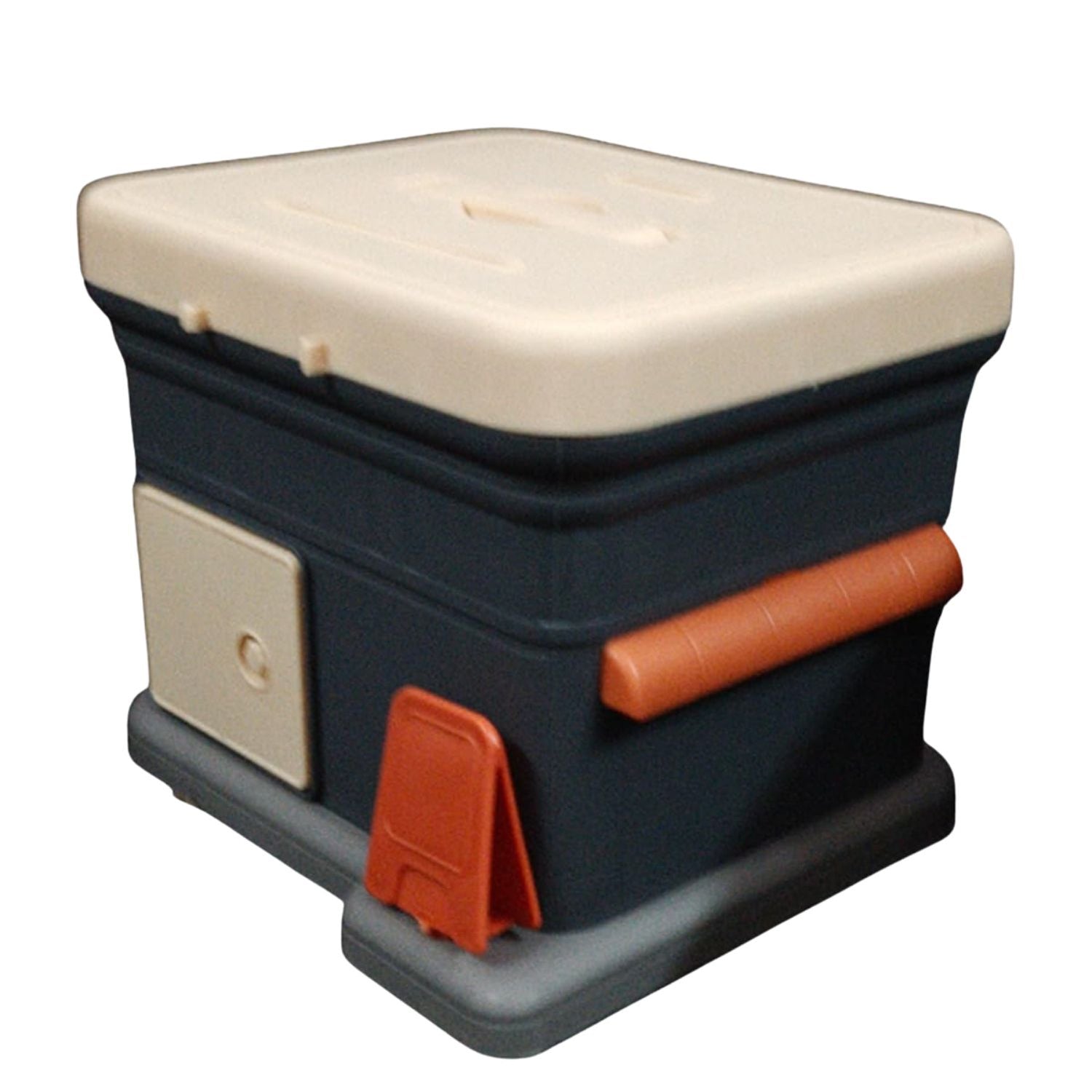 Multicolored storage box with beige lid and orange handle on a white background