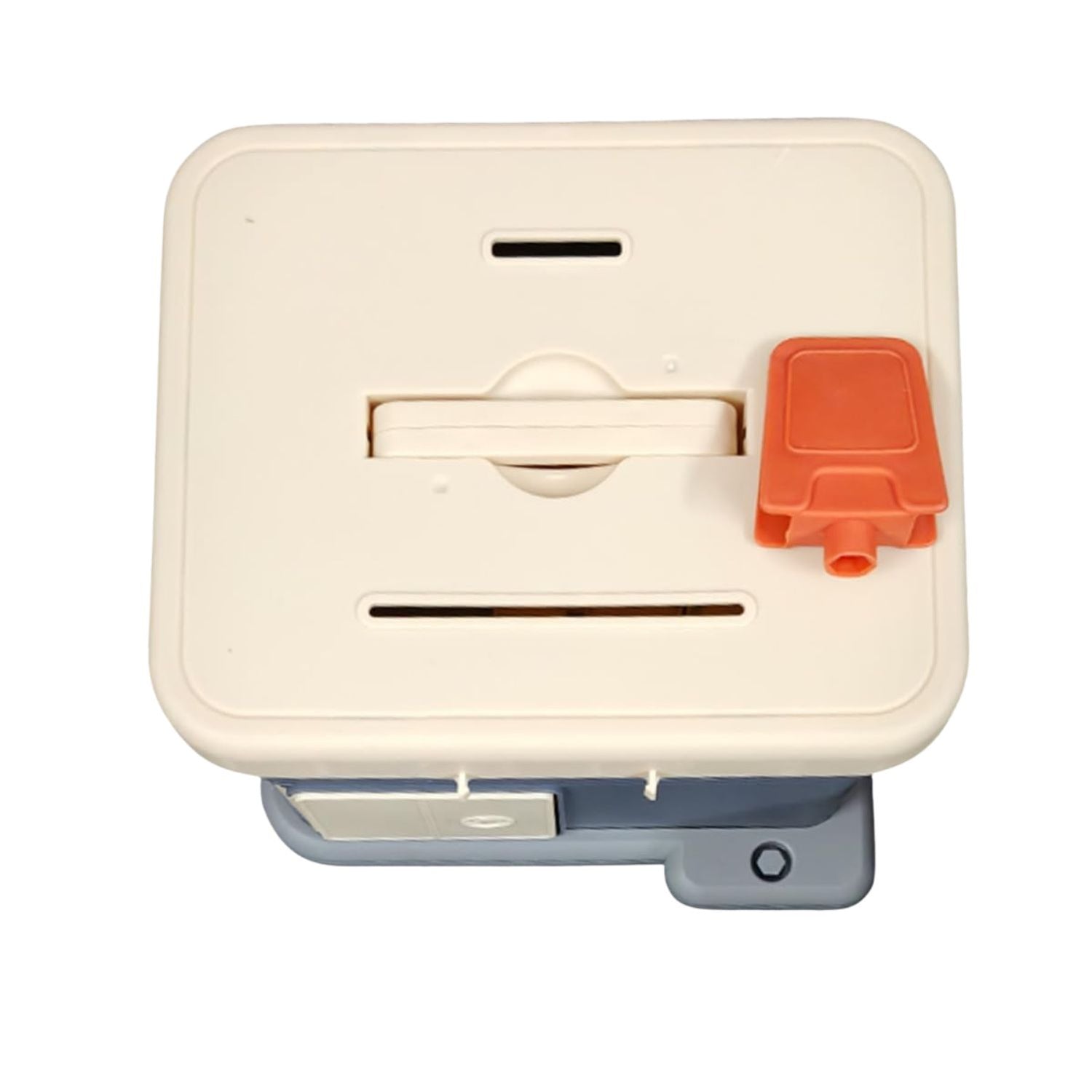Beige plastic device with an orange component on a white background