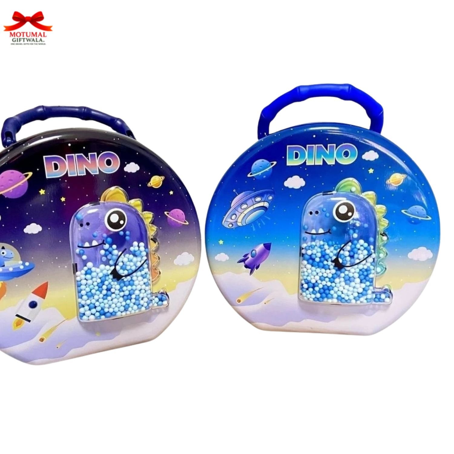 Two round blue toy cases with dinosaur design and 'DINO' text on a white background.