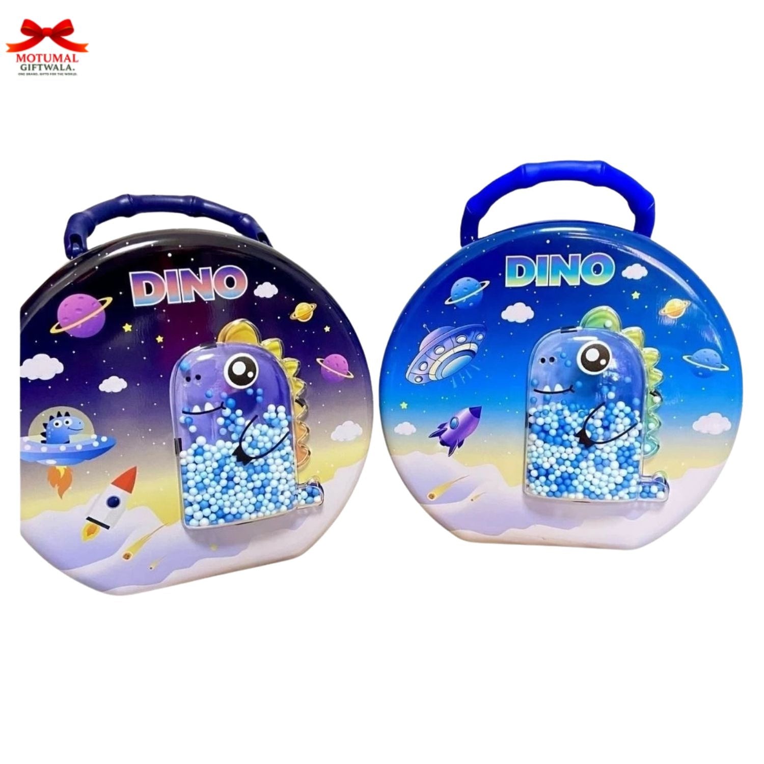 Two round blue cases with dinosaur designs on a white background