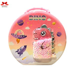 Pink dinosaur-themed container with beads and space-themed illustrations on a white background