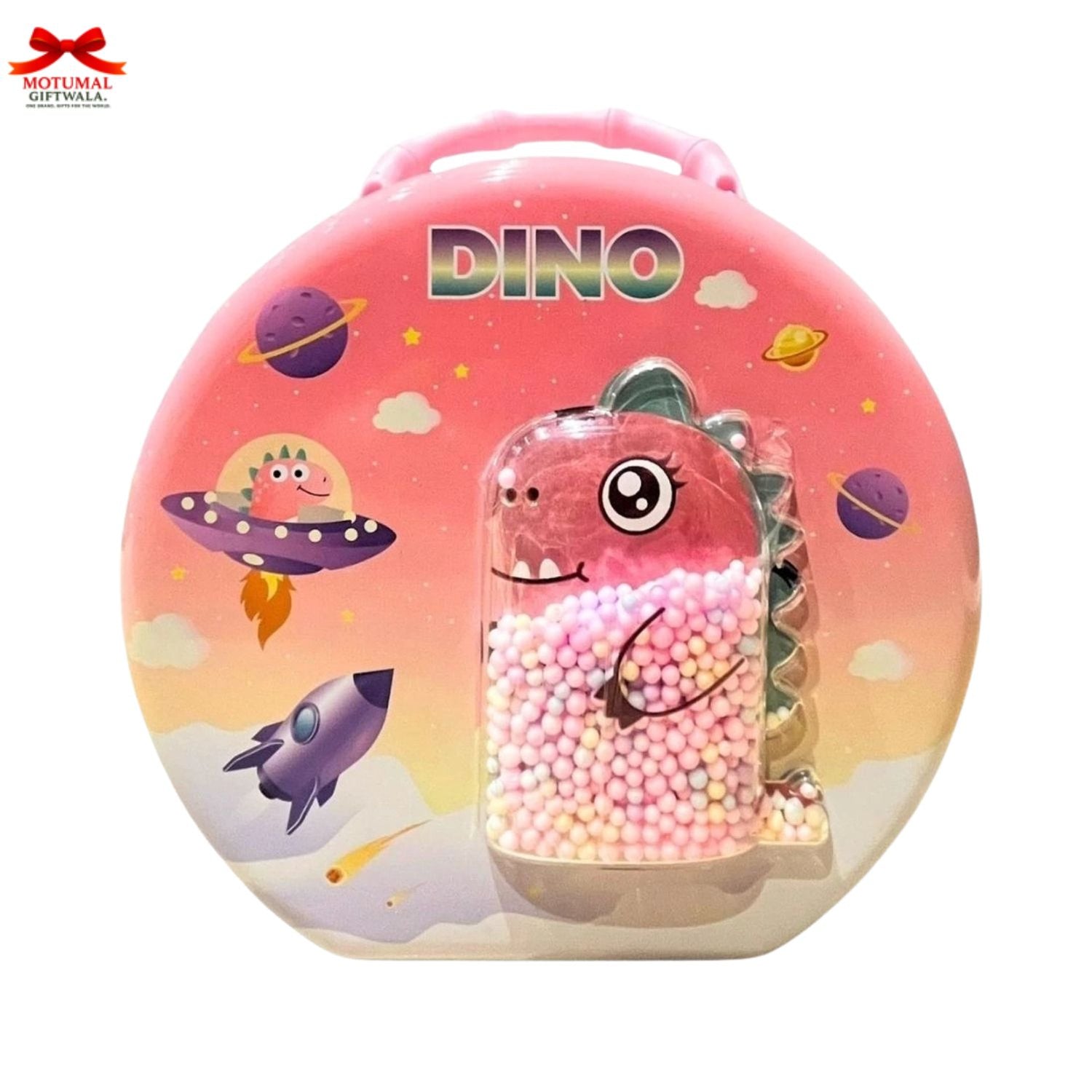 Pink dinosaur-themed container with beads and space-themed illustrations on a white background