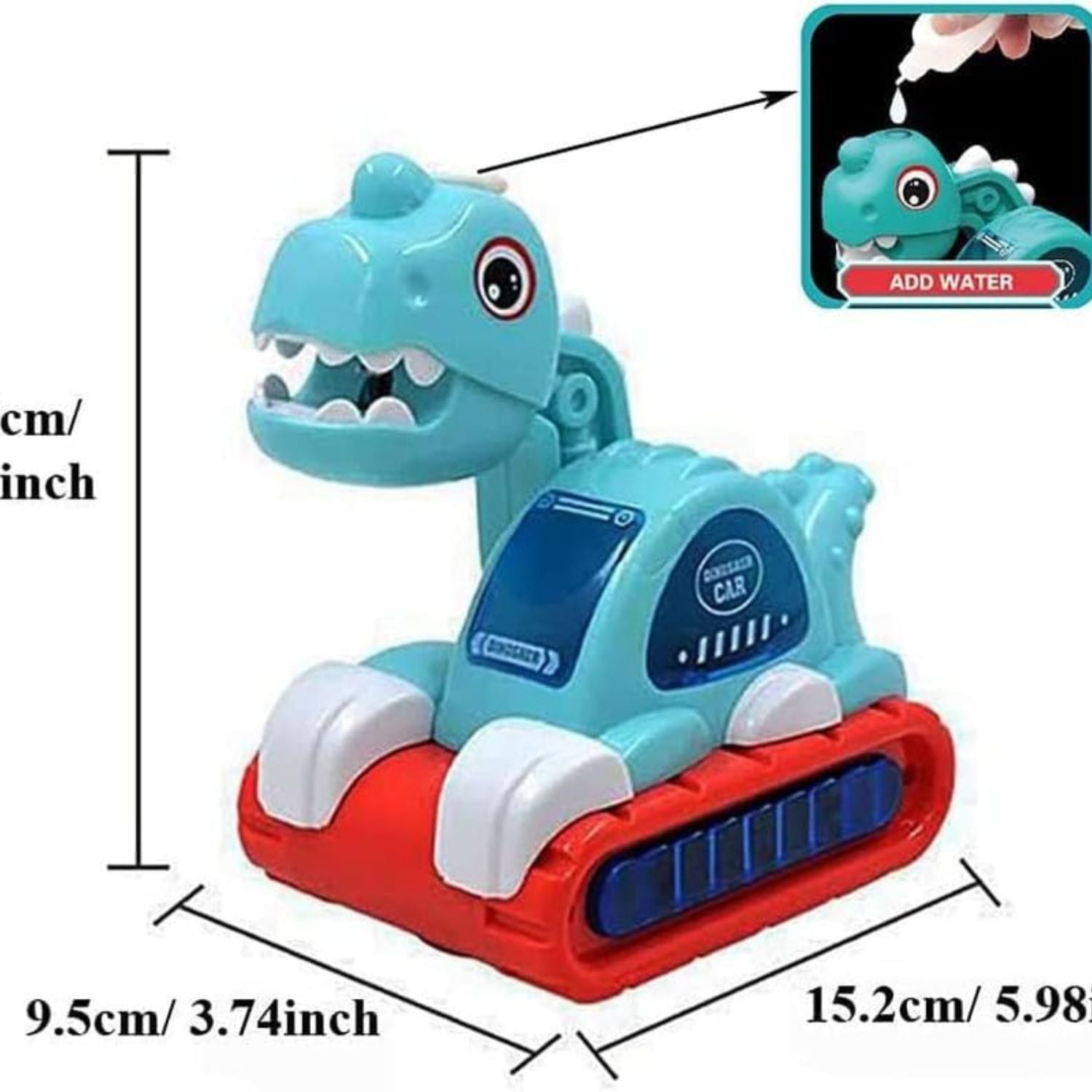 Toy dinosaur car with water addition feature and measurements shown