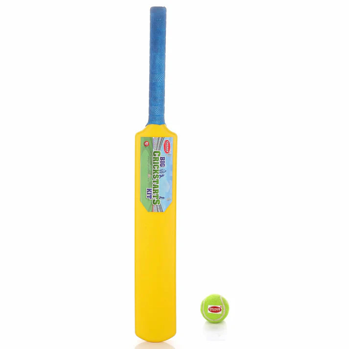 Yellow cricket bat with blue handle and green ball on a white background