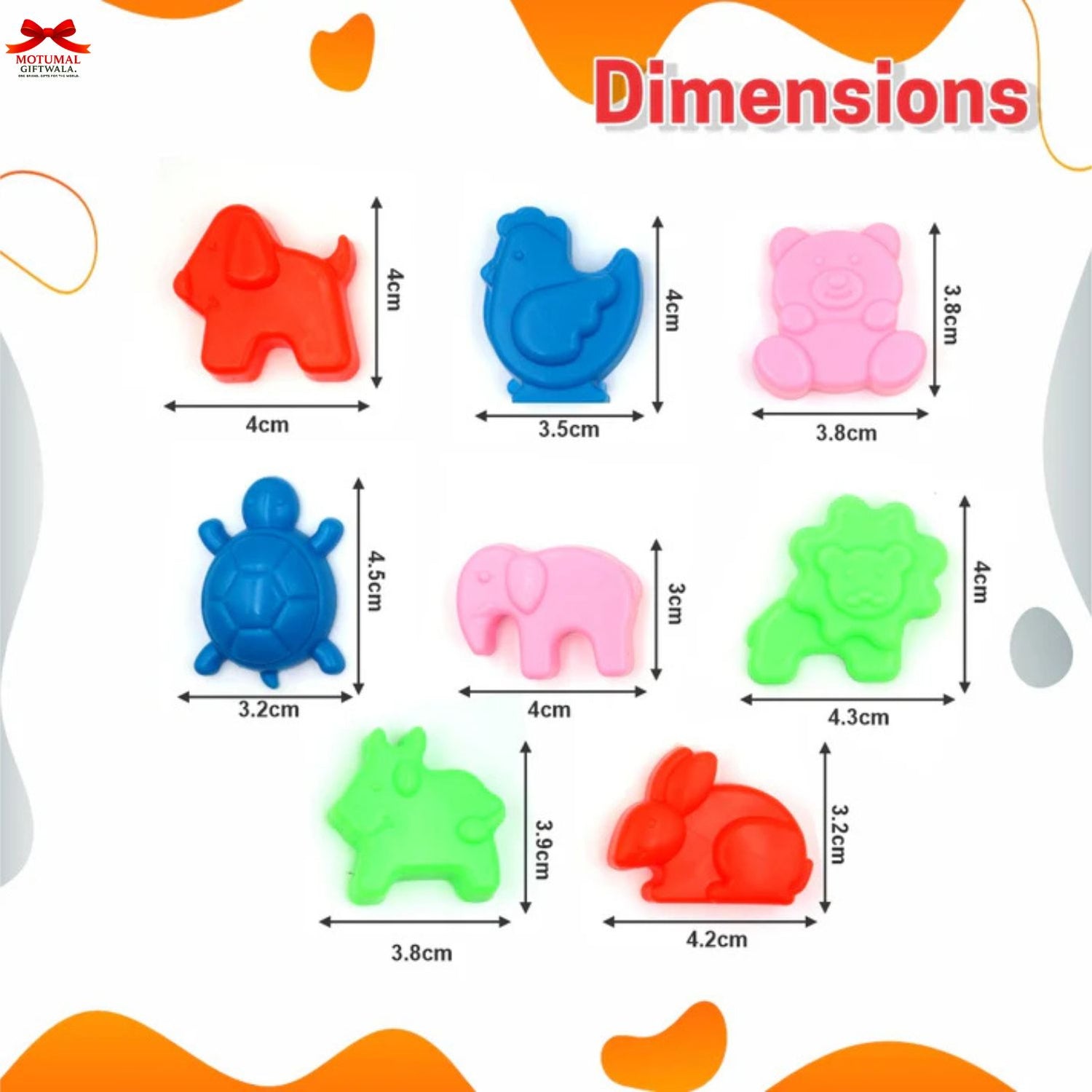 Colorful animal-shaped objects with dimensions on a colorful background
