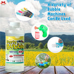 Bottle of Party Bubble with bubble machines on a scenic background