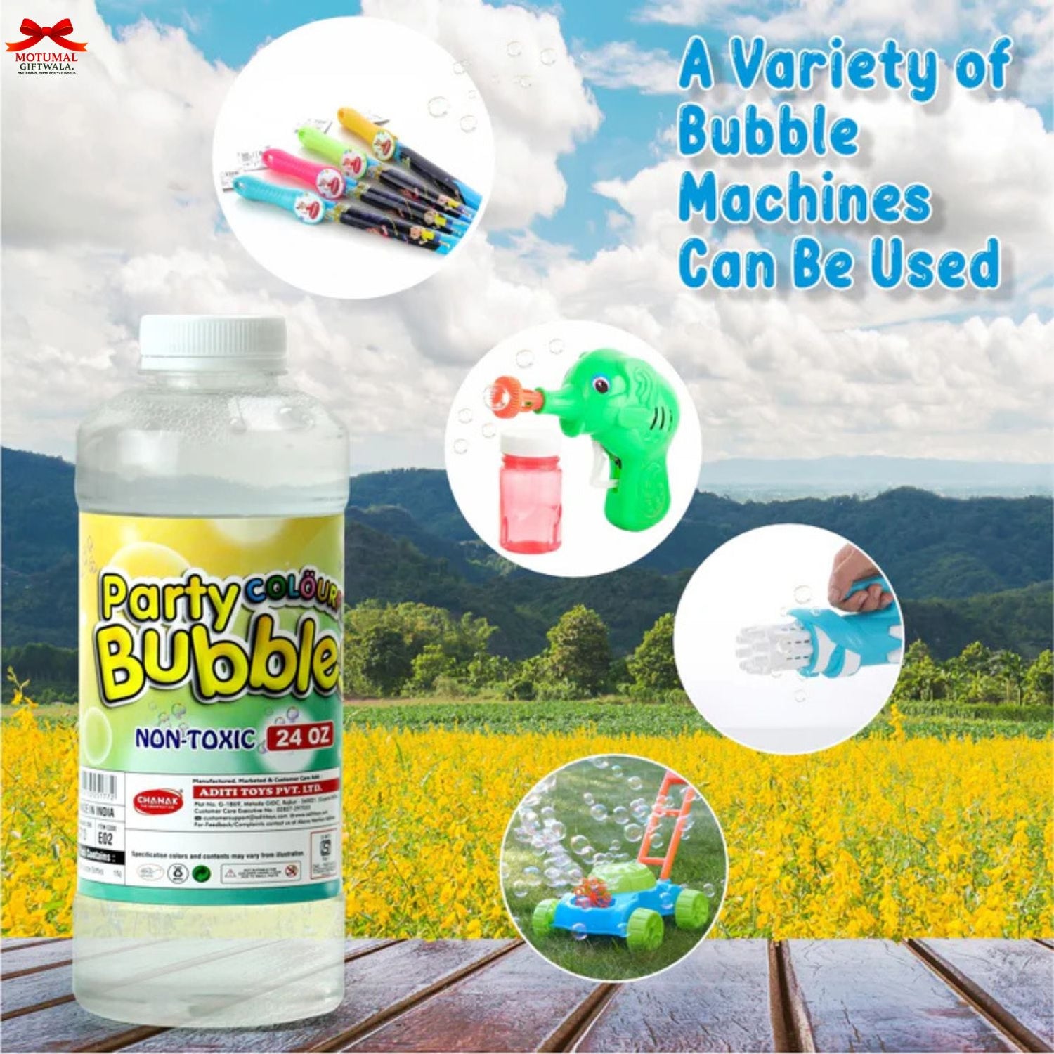 Bottle of Party Bubble with bubble machines on a scenic background