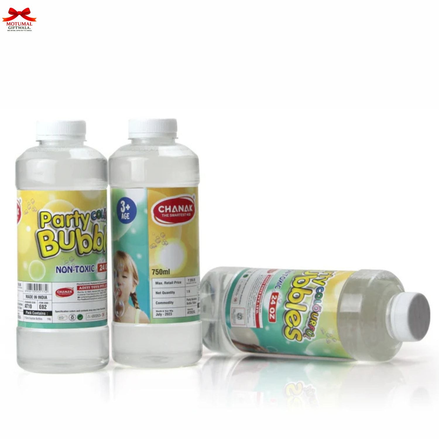 Three bottles of bubble solution with visible labels on a white background