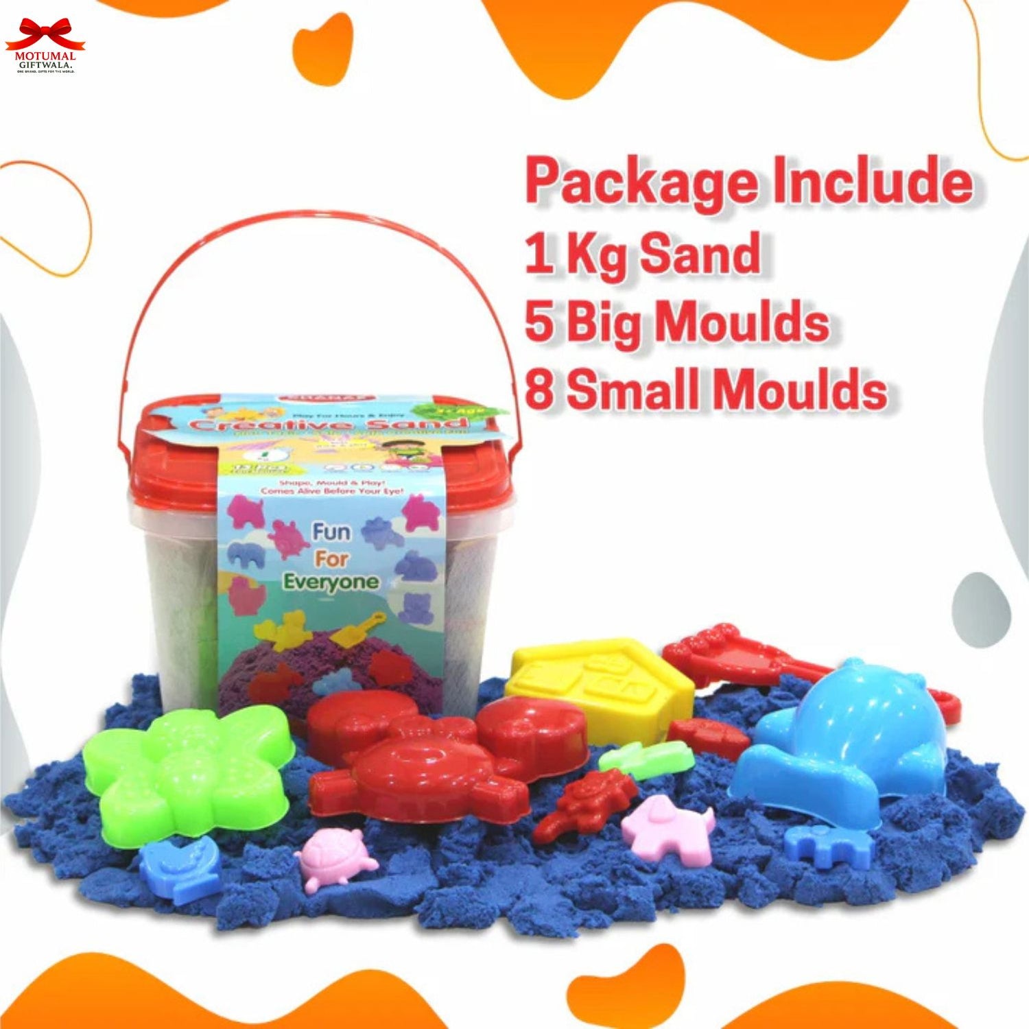 Toy sand set with bucket, sand, and molds on a white background