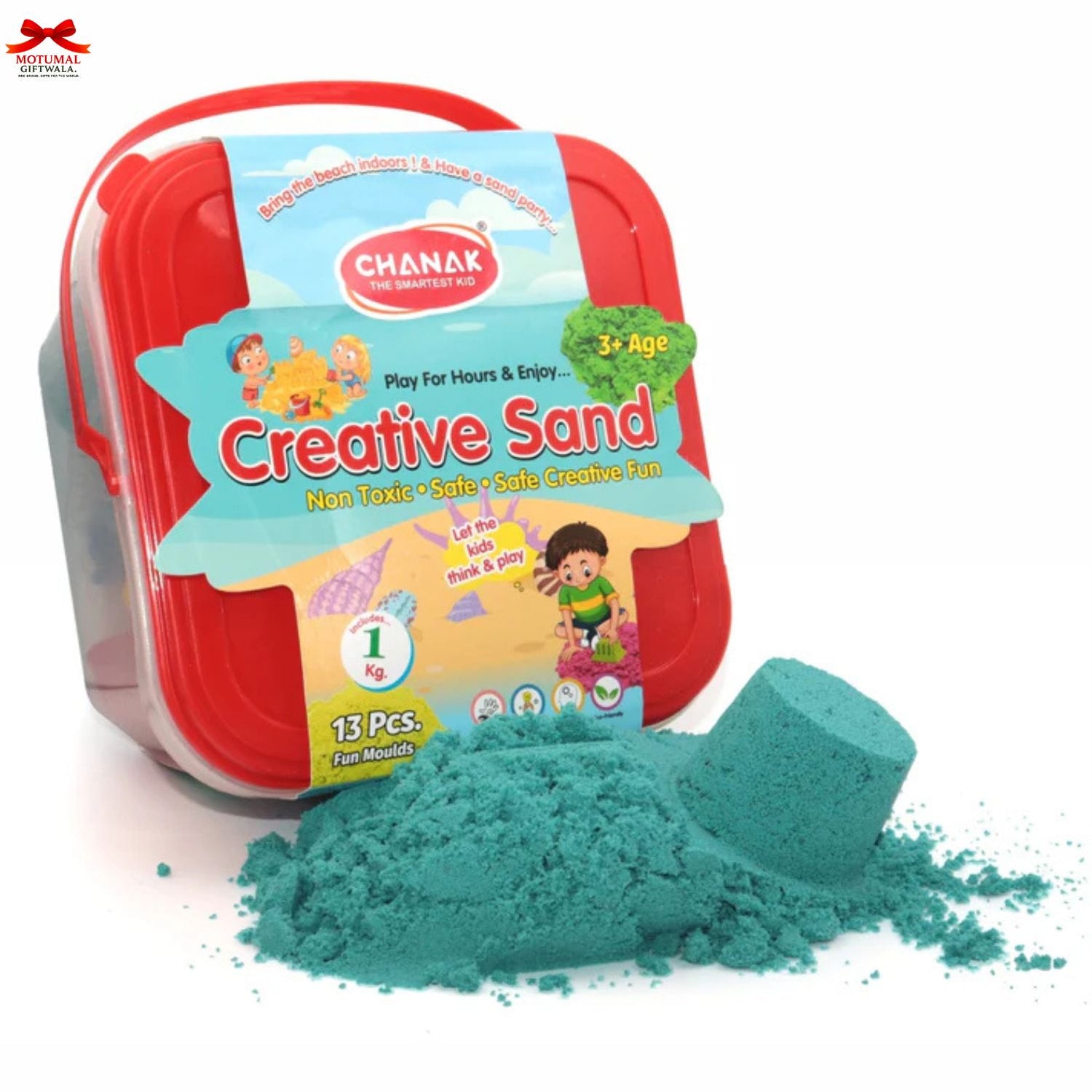 Red container of Chanak Creative Sand with blue sand on a white background