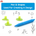 Blue pen with green caps and shapes used for design on a white background