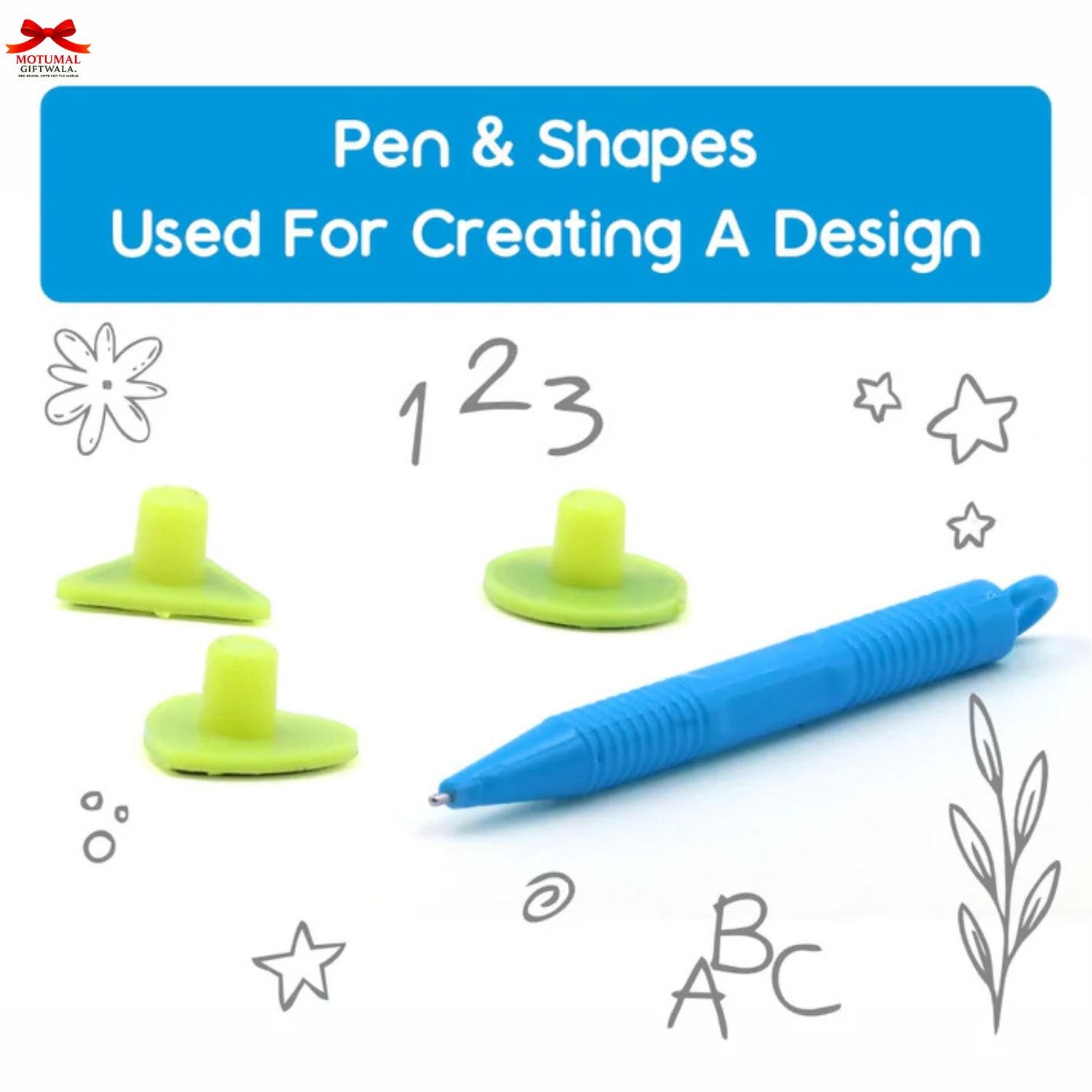 Blue pen with green caps and shapes used for design on a white background