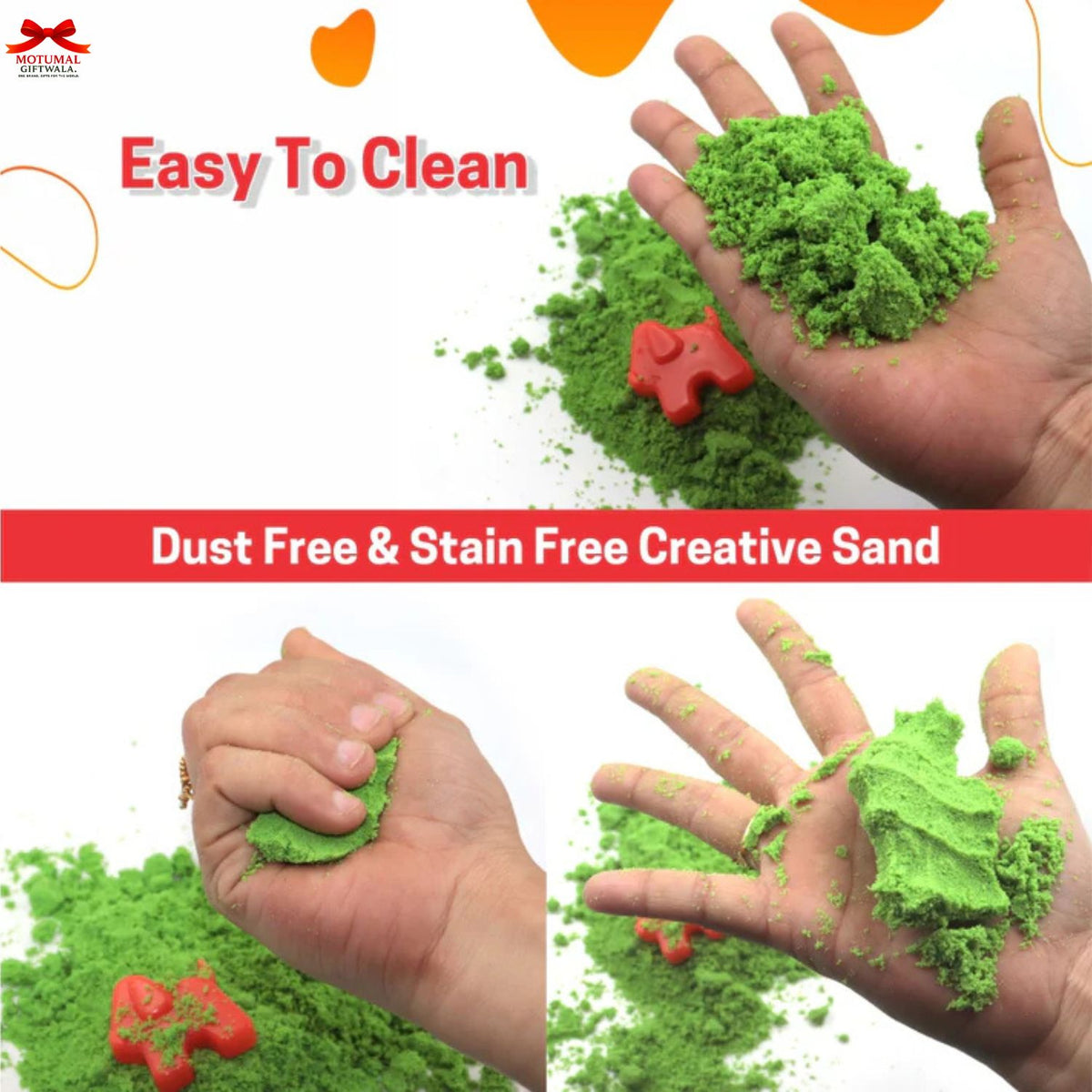 Green sand being played with, with text indicating it is easy to clean and dust-free.