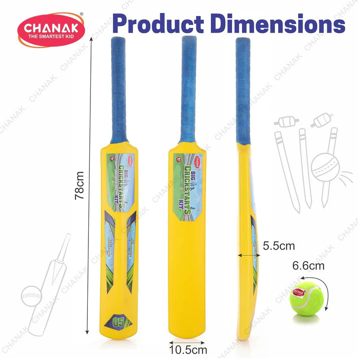 Two yellow cricket bats with blue ends and dimensions displayed, along with a green ball on a white background.