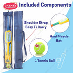 Product packaging with shoulder strap, hard plastic bat, and tennis ball, branded 'Chanak'.