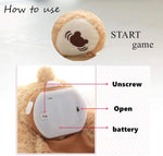 Instructions on how to use a plush toy with a white component, showing where to unscrew, open, and add a battery.