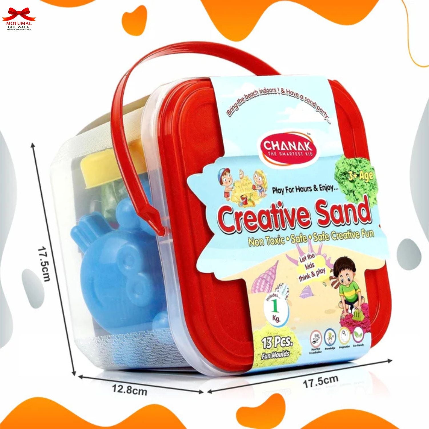 Chanak Creative Sand set with packaging and measurements on a colorful background