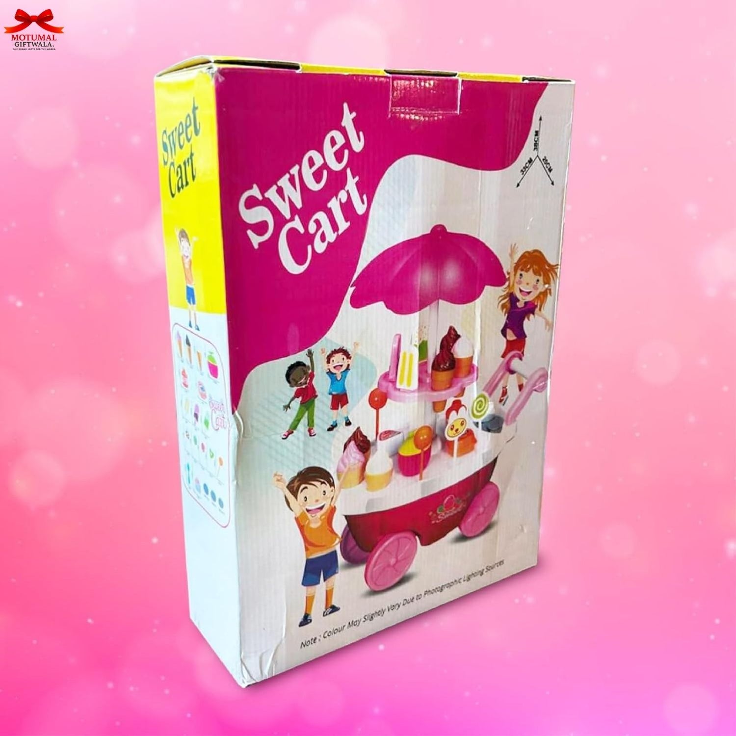 Box of a toy 'Sweet Cart' with colorful illustrations on a pink background