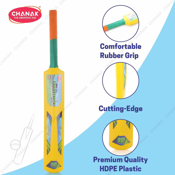 Yellow cricket bat with green handle and orange top, featuring 'Chanak' branding and product features on a blue and white background.