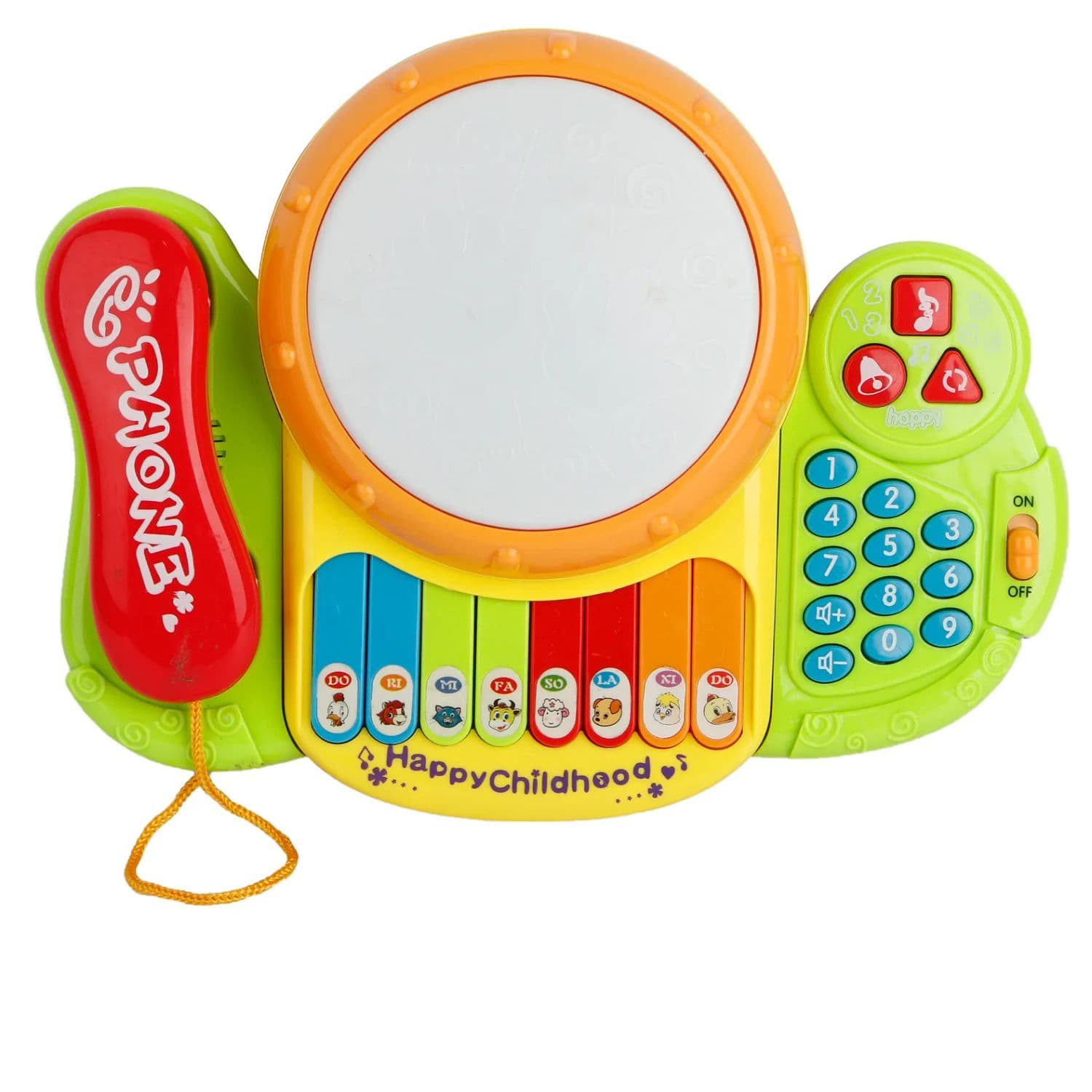 Colorful toy phone with a drum-like design on a white background